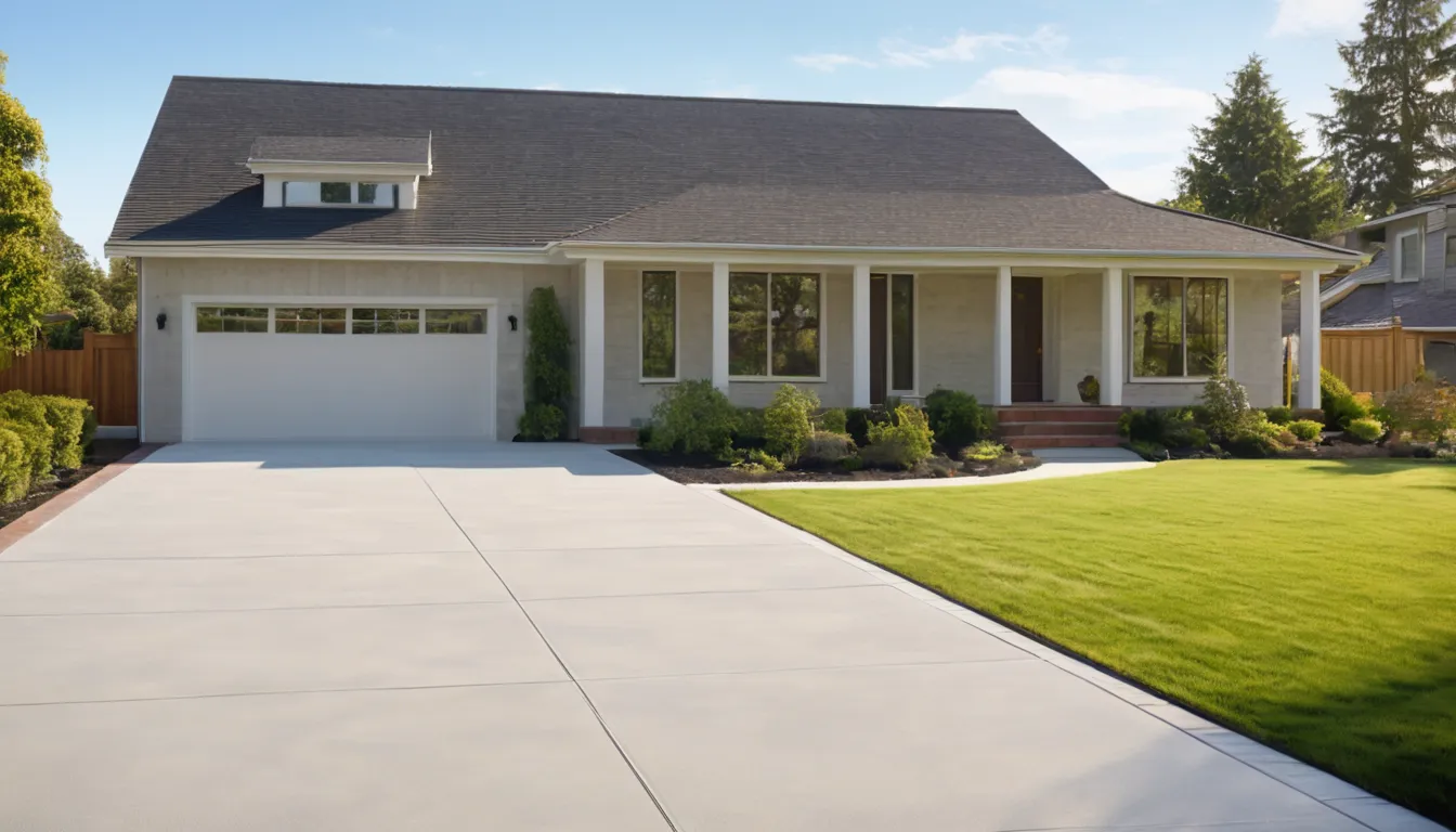 A freshly poured concrete driveway in front of a brick ranch home in the Detroit area